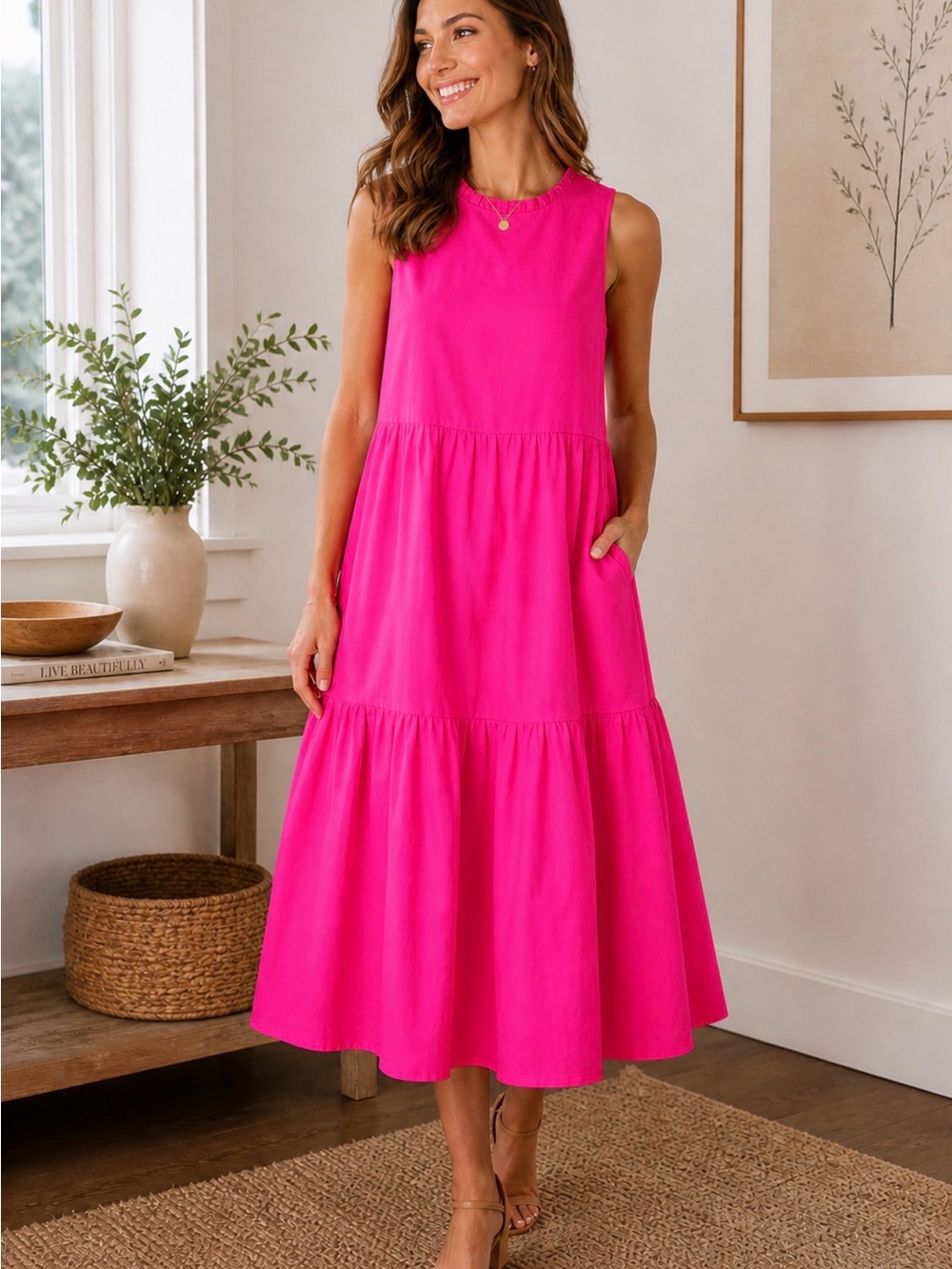 J. Crew Hot Pink Tiered Midi Dress